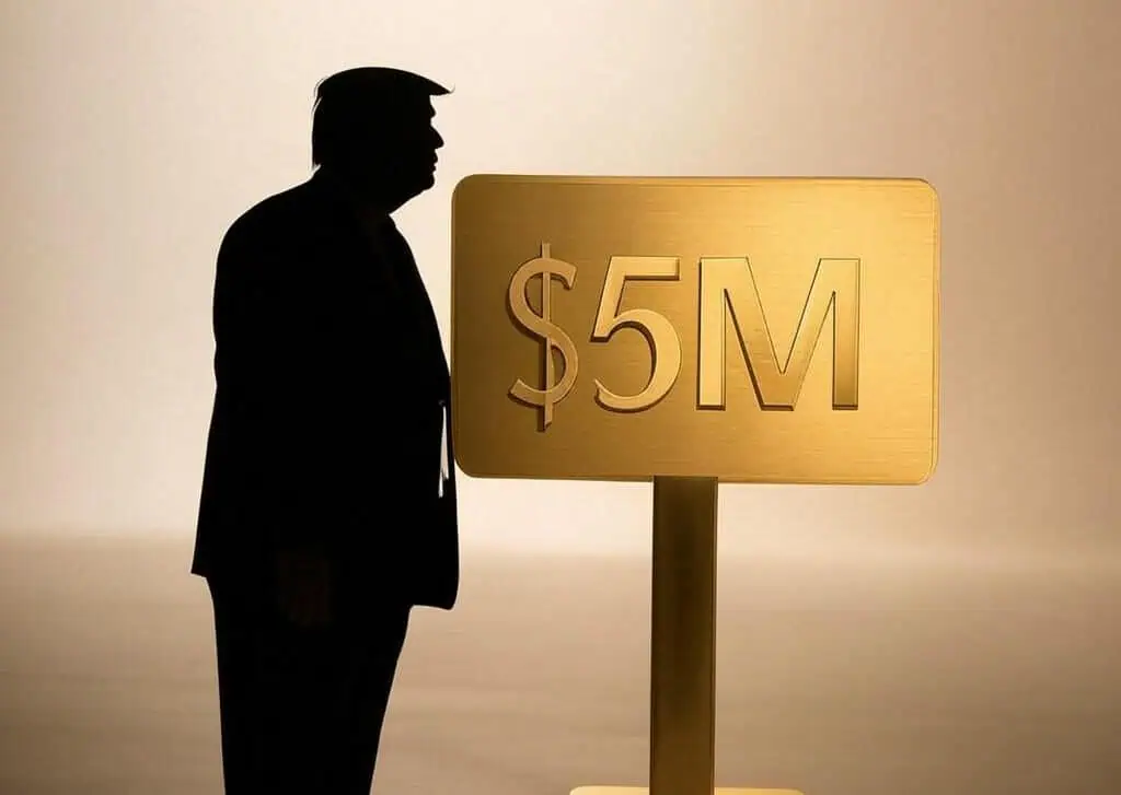 Illustration of a shiny gold card labeled ‘Trump Gold Card’ with the figure $5M, representing the proposed visa cost